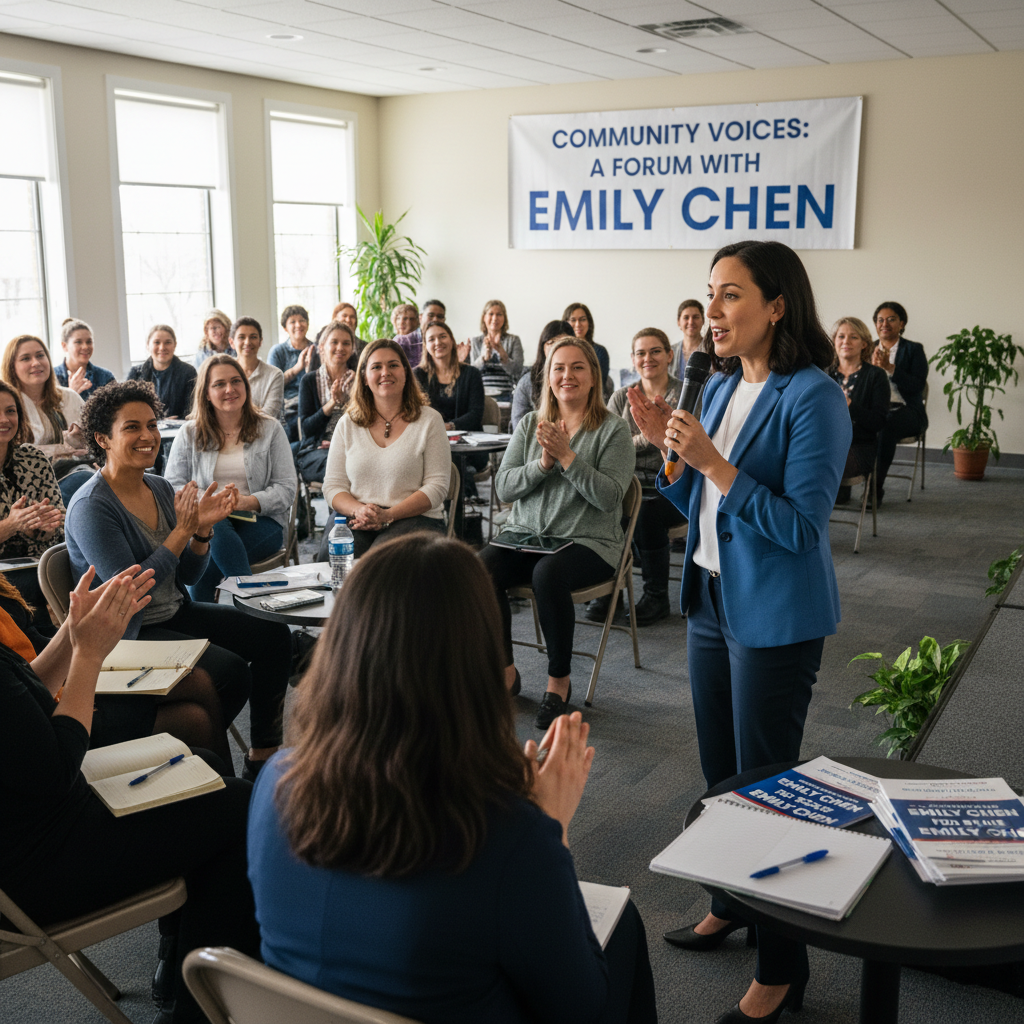 State legislative candidate speaking at community forum with diverse audience members engaged in political discussion