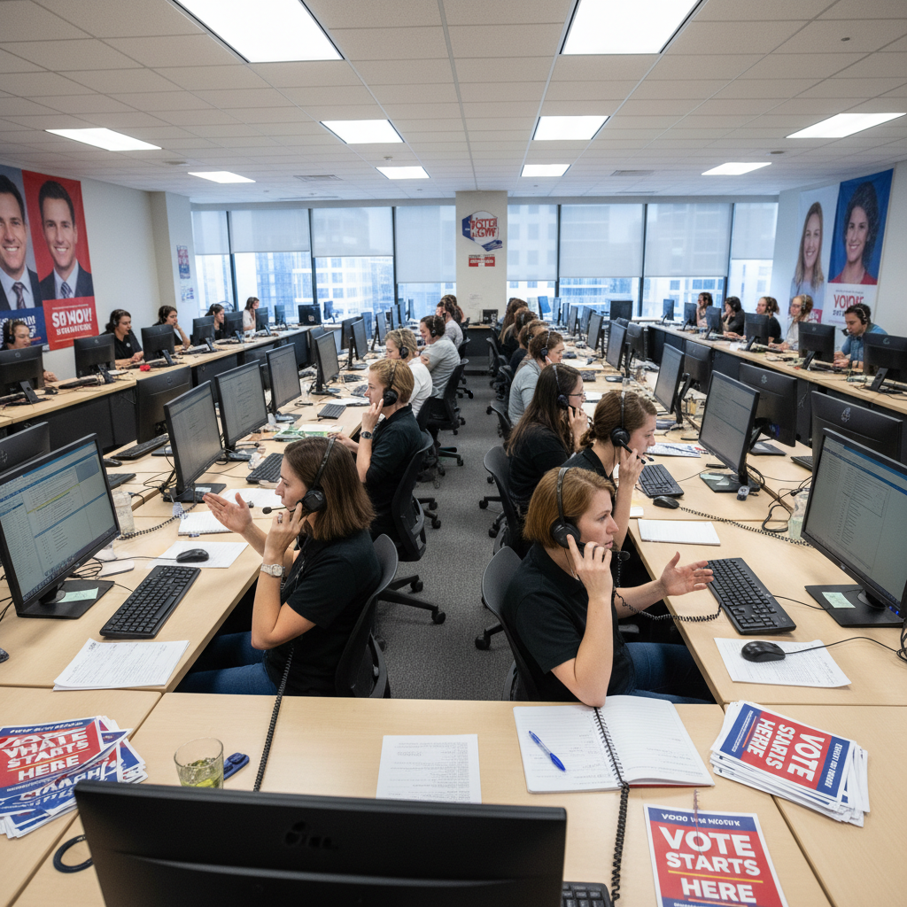 Campaign volunteer making phone calls and sending text messages to voters from campaign headquarters with voter lists